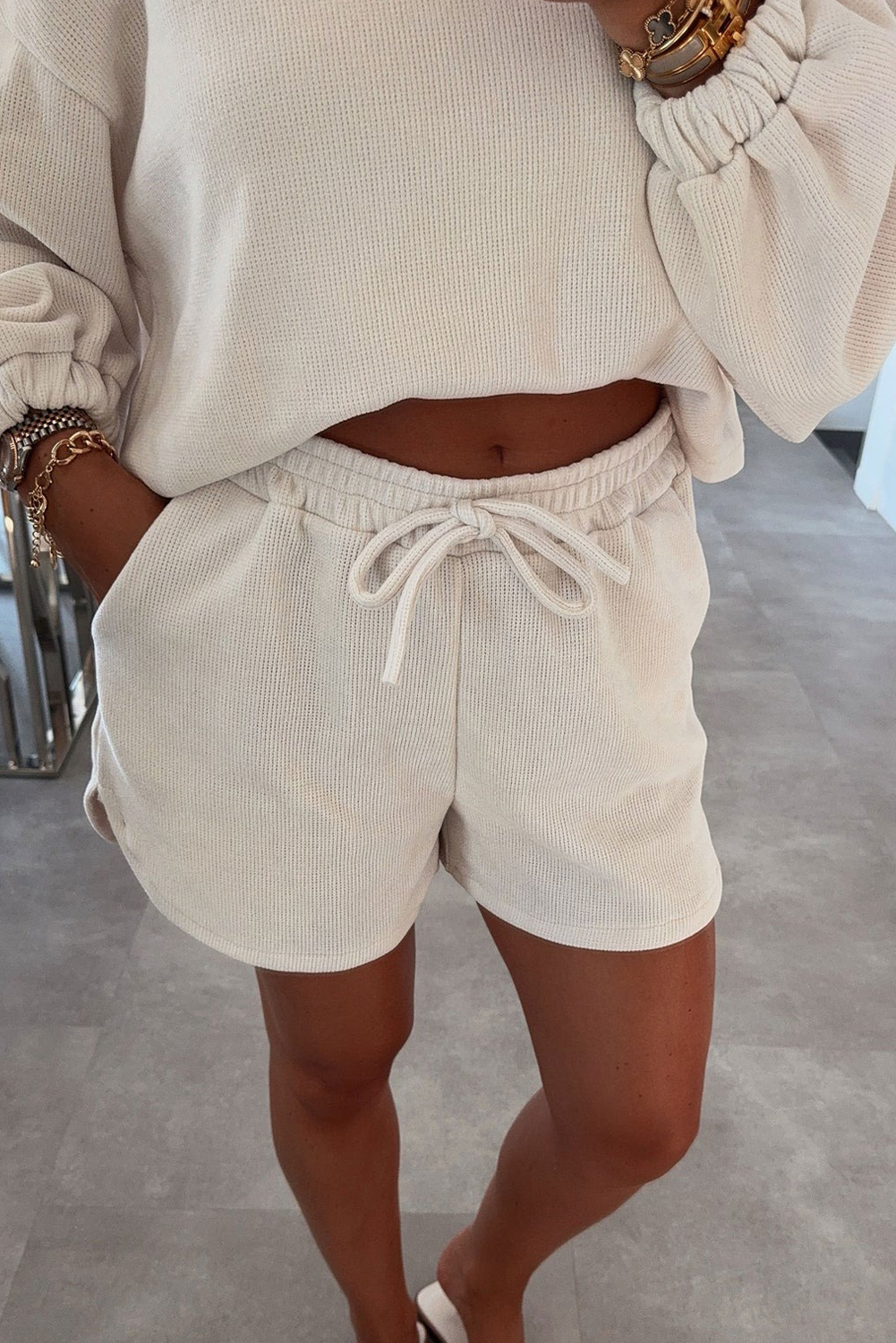 Jet Stream Solid Color Textured Knit Drop Shoulder Pullover Drawstring Shorts Set