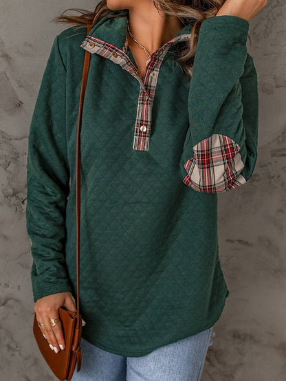 Green Plaid Trim Sweatshirt with Geometric Texture