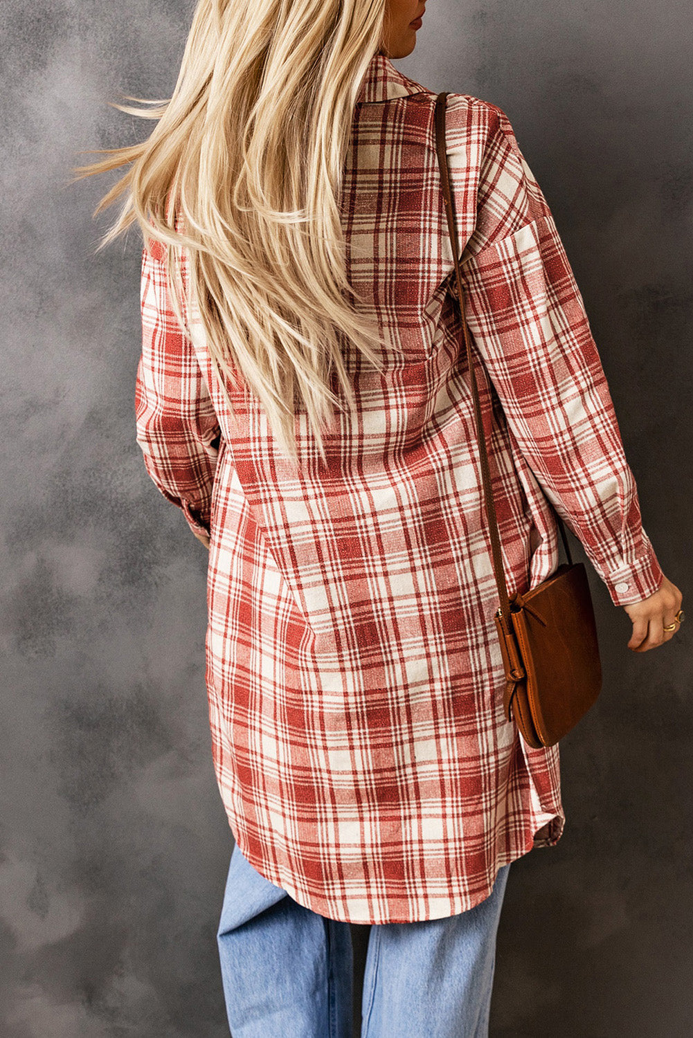 Fiery Red Plaid Print Longline Button-Up Jacket