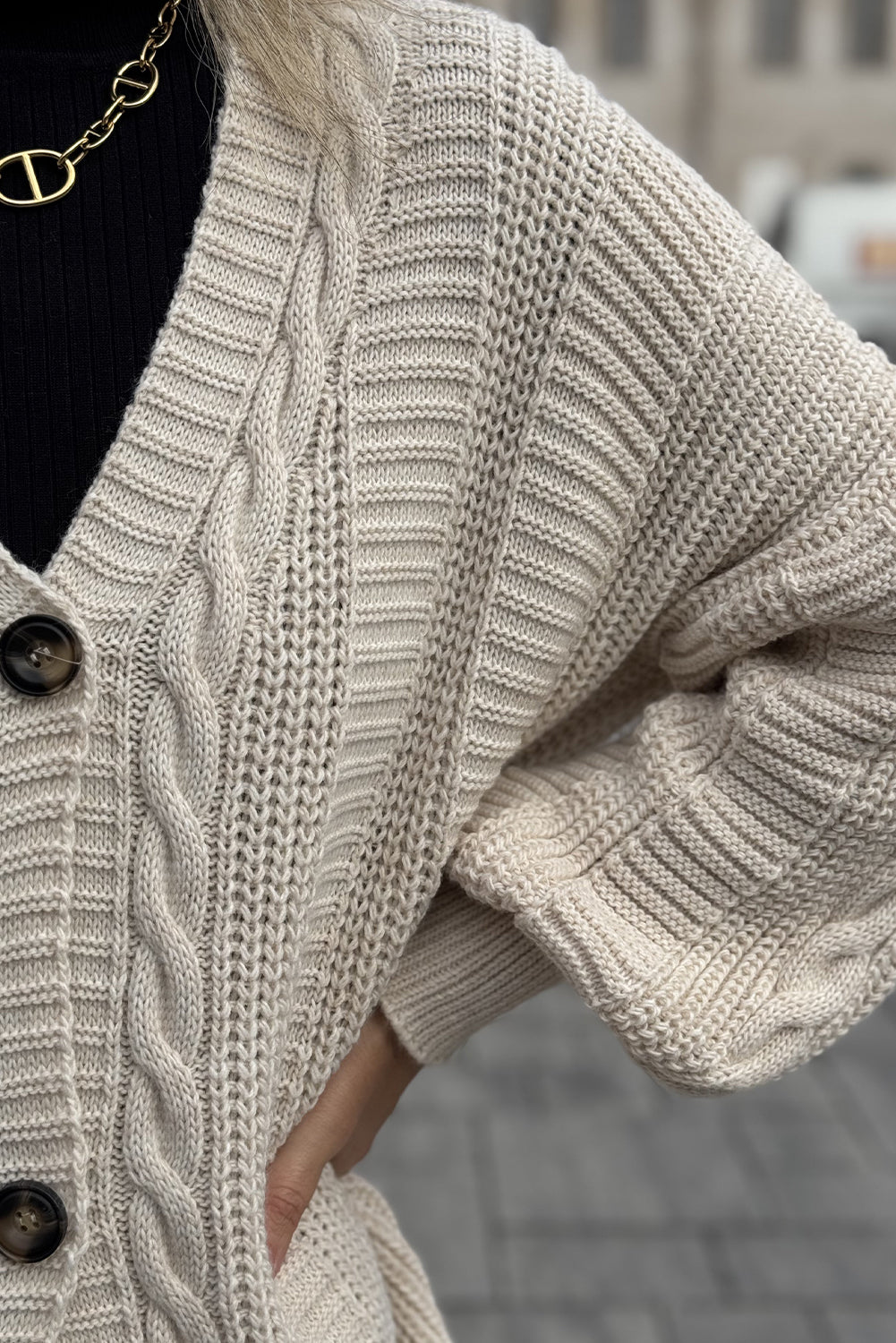 Beige Cable Knit Button V Neck Oversize Sweater Cardigan