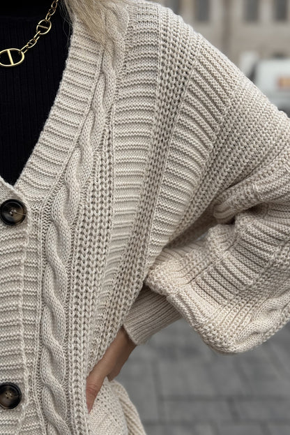 Beige Cable Knit Button V Neck Oversize Sweater Cardigan
