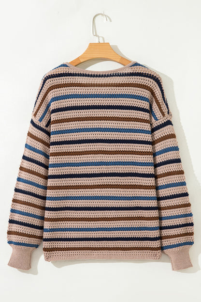 Multicolour Plus Size Striped Texture Knit Drop Shoulder Sweater