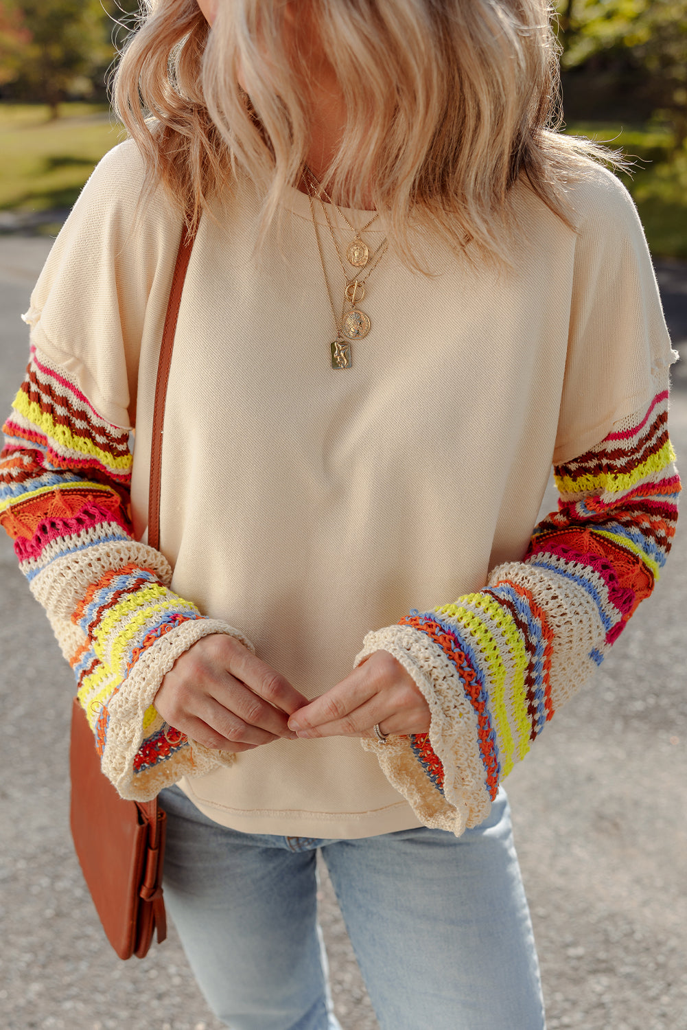 Beige Round Neck Colorful Knit Sleeve Patchwork Top