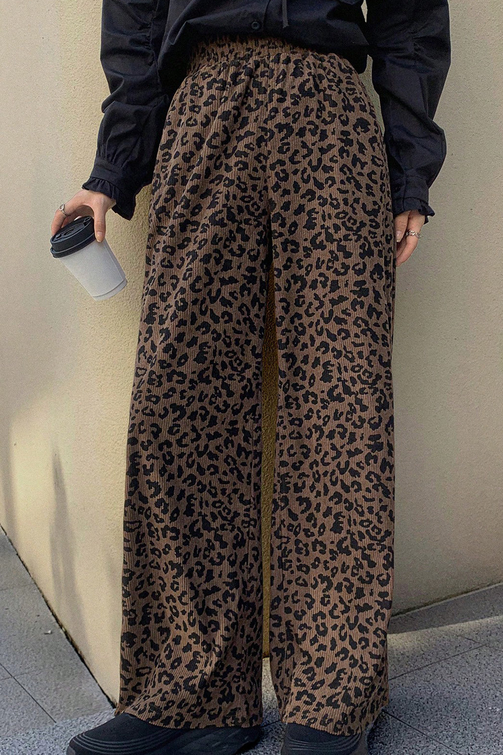 Dark Brown Leopard Print Elastic High Waist Loose Corduroy Pants