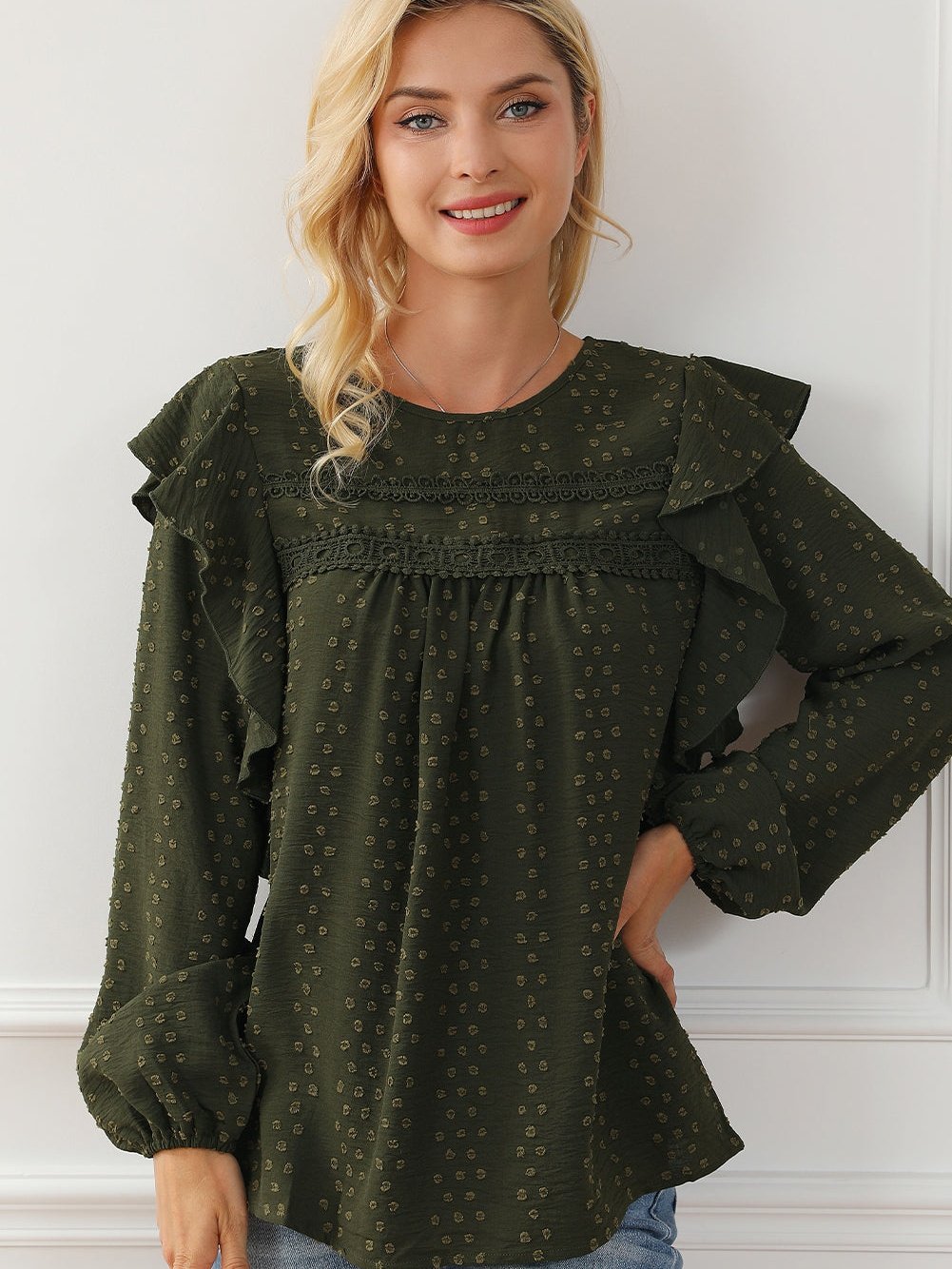 Elegant Green Lace Eyelet Shoulder Ruffle Long Sleeve Top