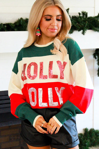 Green Sequined HOLLY JOLLY Color Block Crew Neck Sweater