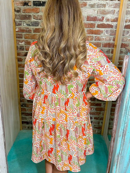 Multicolour Plus Size Mix Floral Puff Sleeve Ruffled Dress