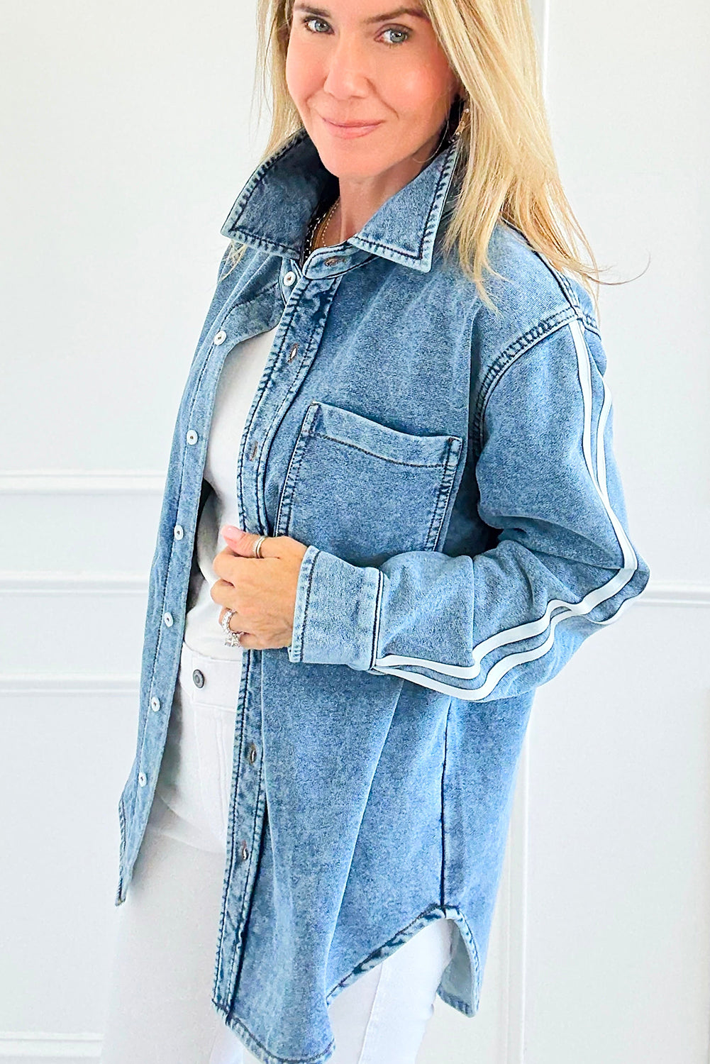 Myosotis Varsity Striped Sleeves Shirt Collar Button Down Denim Jacket