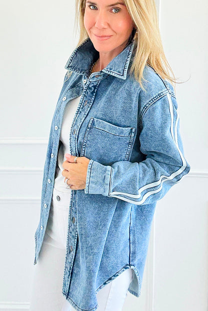 Myosotis Varsity Striped Sleeves Shirt Collar Button Down Denim Jacket