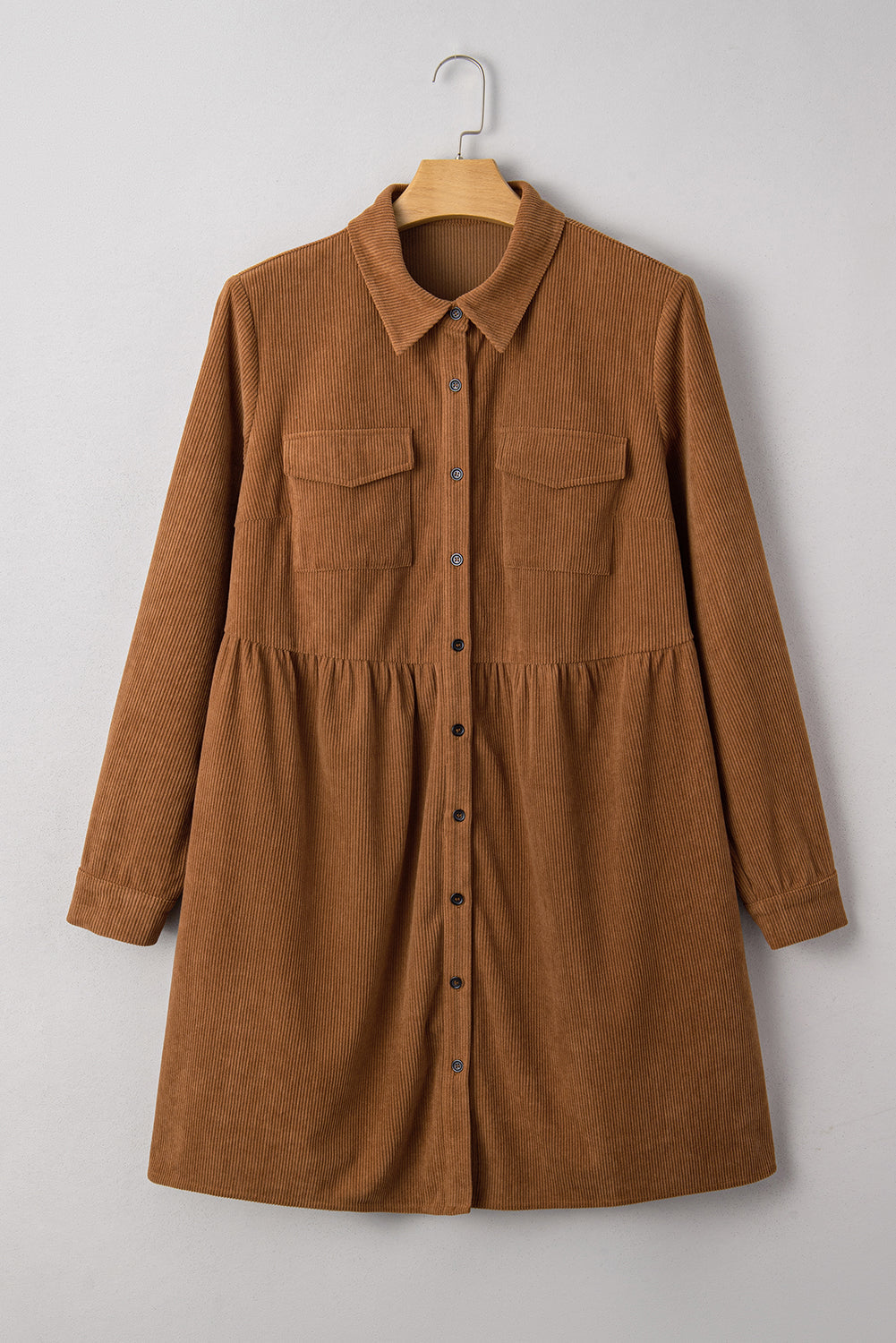 Camel Corduroy Full Buttoned Collared Shirt Style Plus Size Dress