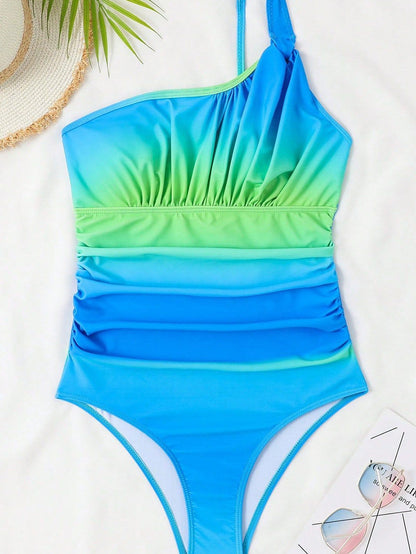 Ethereal Sky Blue Ruched One-Shoulder Monokini