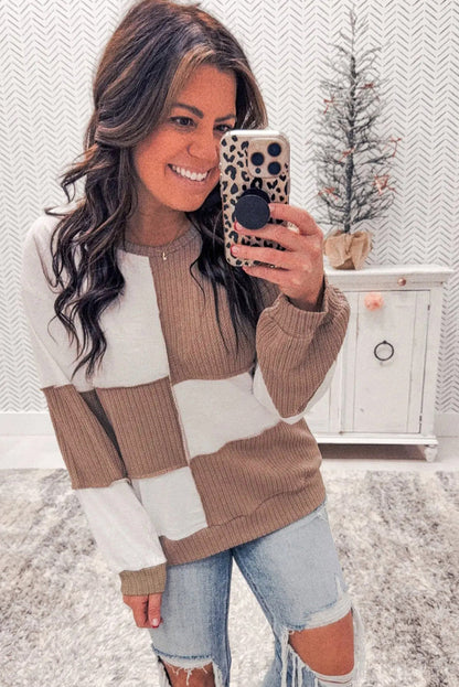 Dark Khaki Colorblock Checkered Raw Seamed Round Neck Knitted Jumper