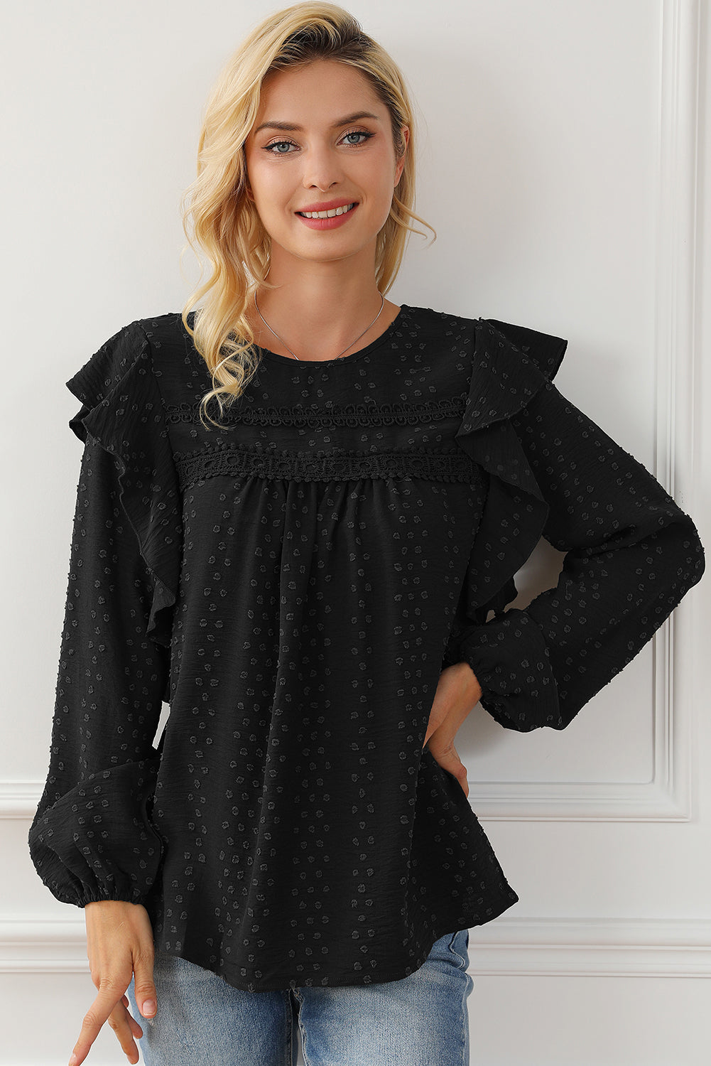 Elegant Black Lace Eyelet Ruffle Sleeve Blouse for Fall