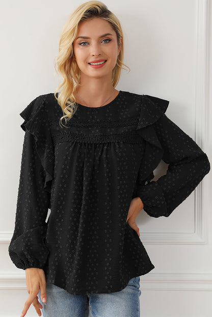Elegant Black Lace Eyelet Ruffle Sleeve Blouse for Fall