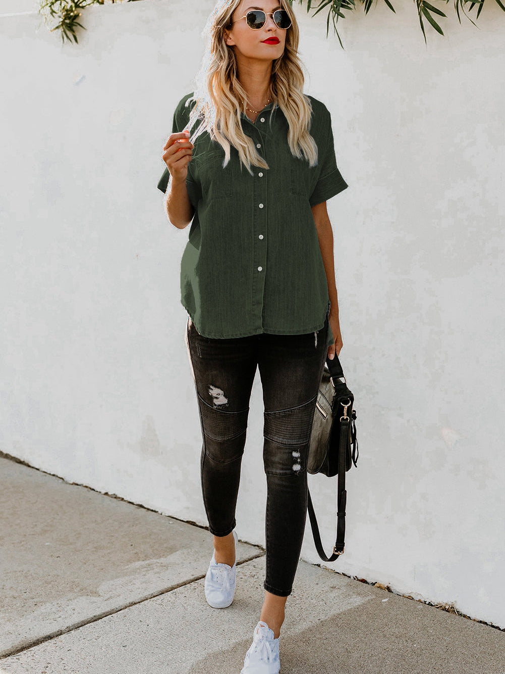 Green Casual Denim Shirt with Boyfriend Style