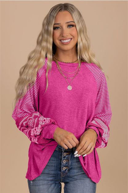 Rose Red Contrast Print Striped Raglan Long Sleeve Loose Top