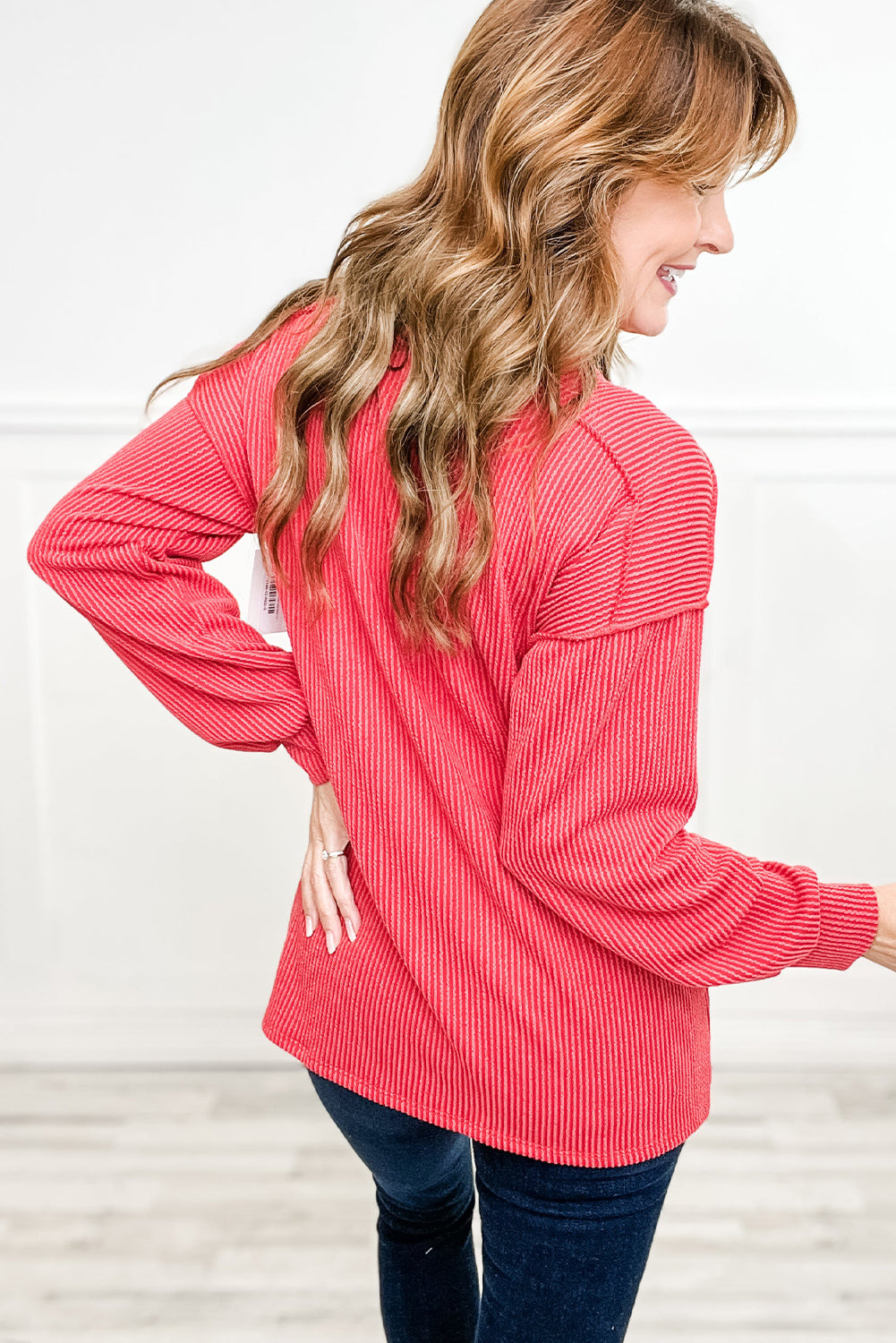 Coral Sequin Christmas Tree Patched Twisted Ribbed Drop Shoulder Long Sleeve Top