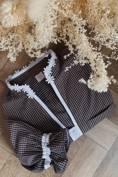 Brown Contrast Lace Collar Ruffled Sleeve Plaid Blouse