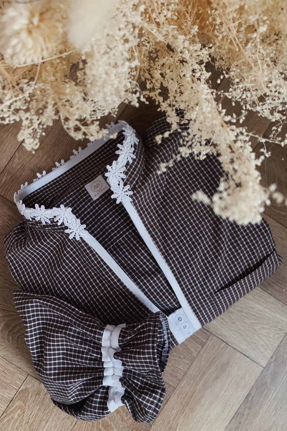 Brown Contrast Lace Collar Ruffled Sleeve Plaid Blouse