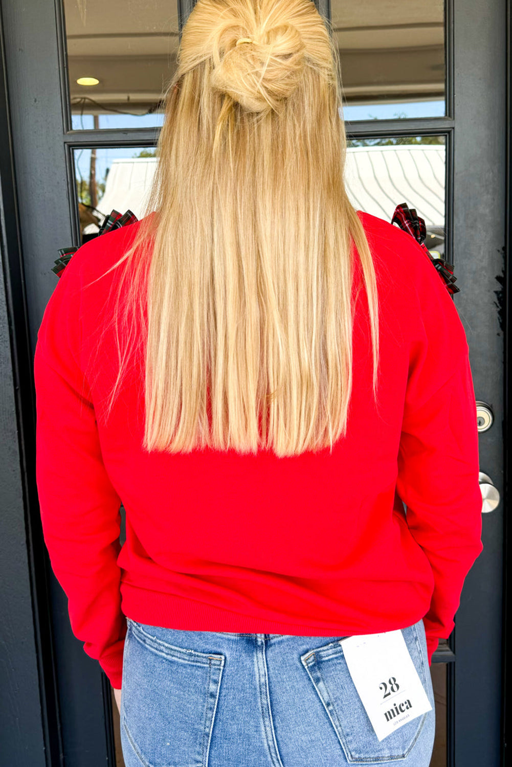 Fiery Red Plus Size Plaid Bow Decor Drop Shoulder Sweatshirt