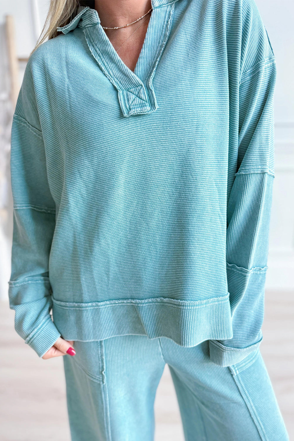 Lapis Mineral Wash Ribbed Patchwork V Neck Pullover Drawstring Pants 2pcs Outfit