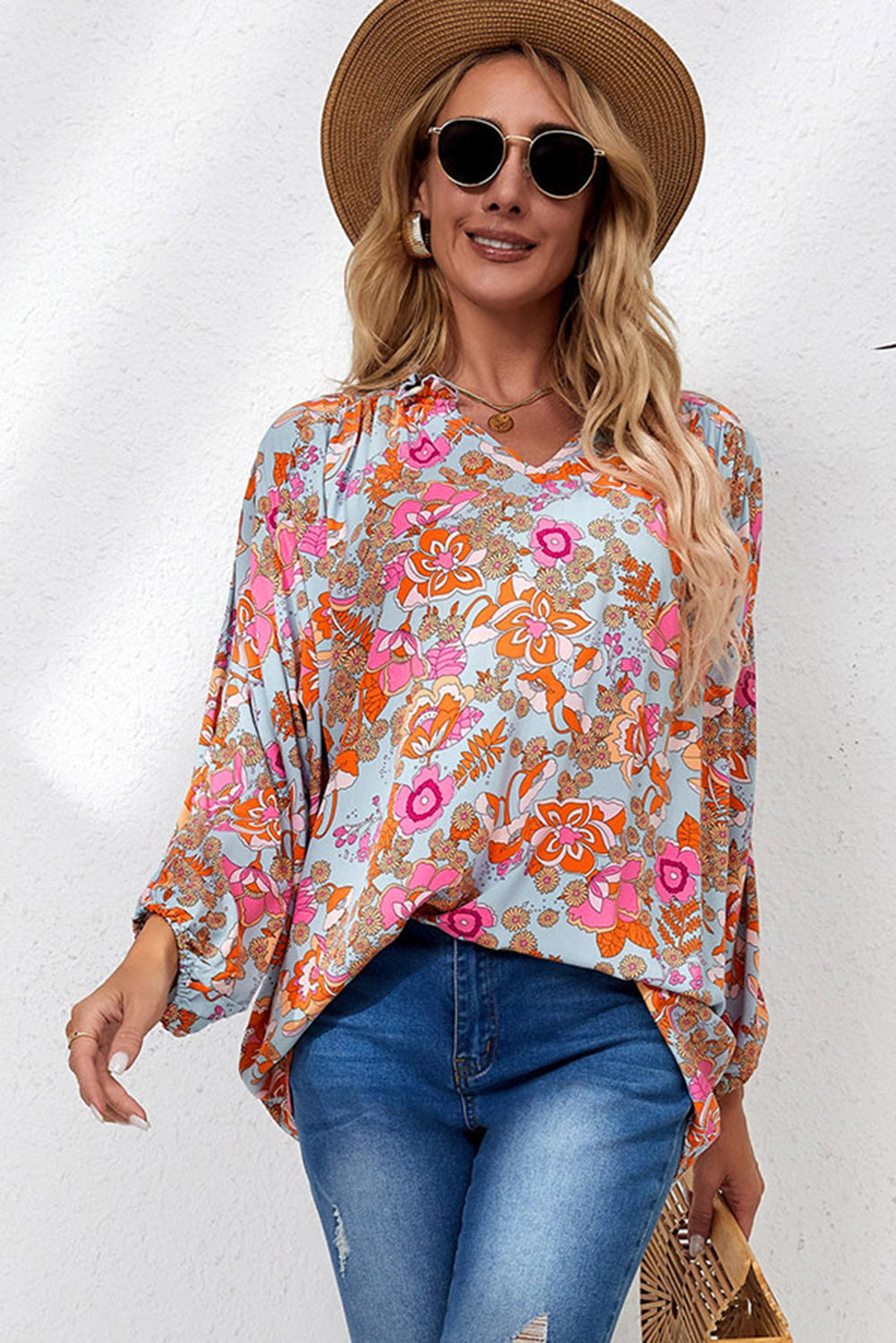 Elegant Floral Ruched V Neck Bohemian Blouse