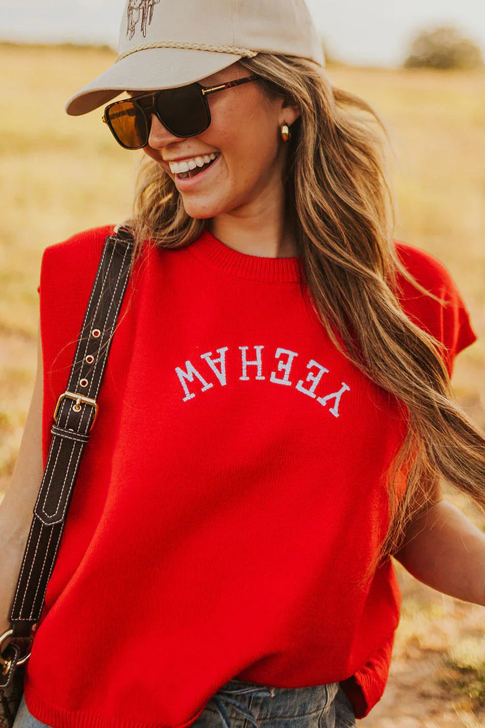 Fiery Red YEEHAW Embroidered Letter Loose Short Sleeve Sweater