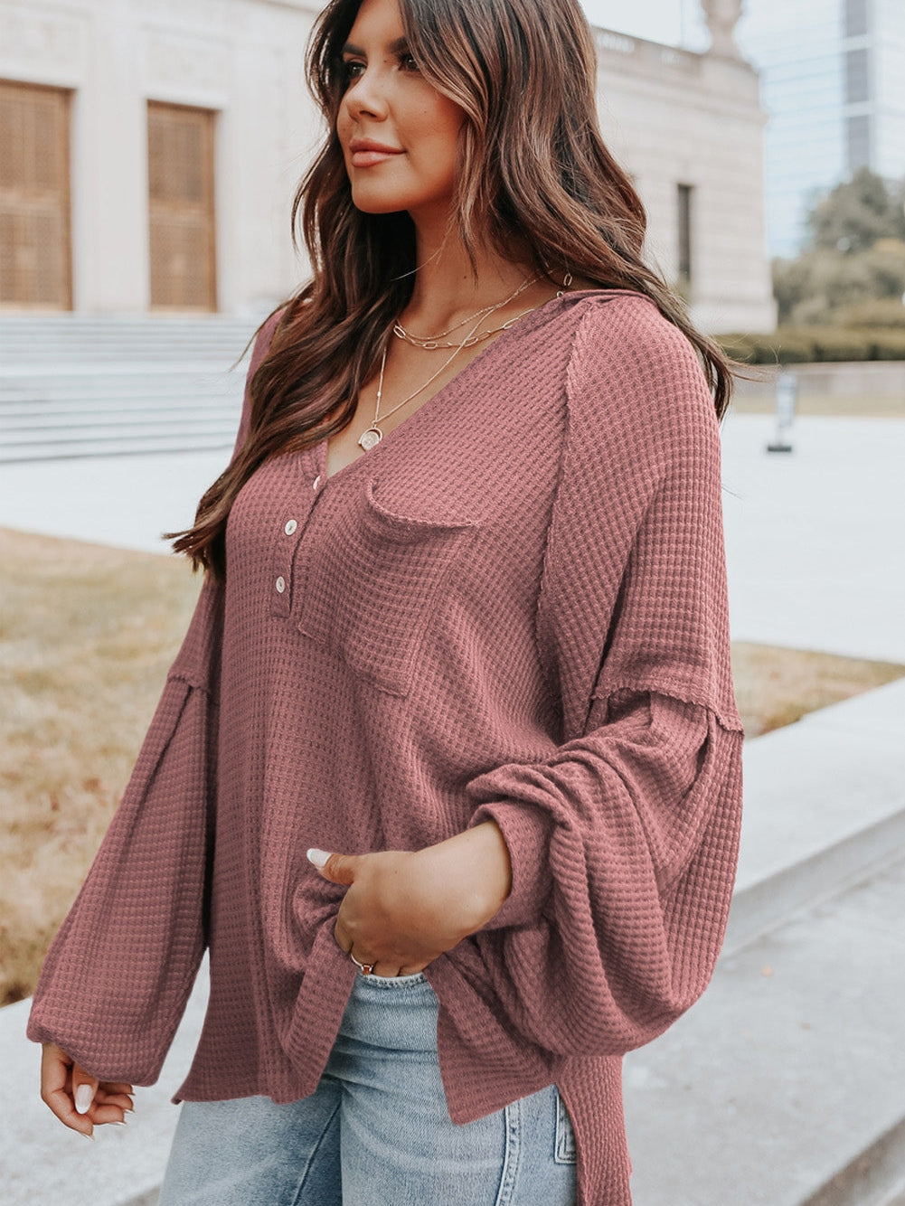 Fiery Red Oversized Waffle Knit Henley Hoodie with Drop Shoulder