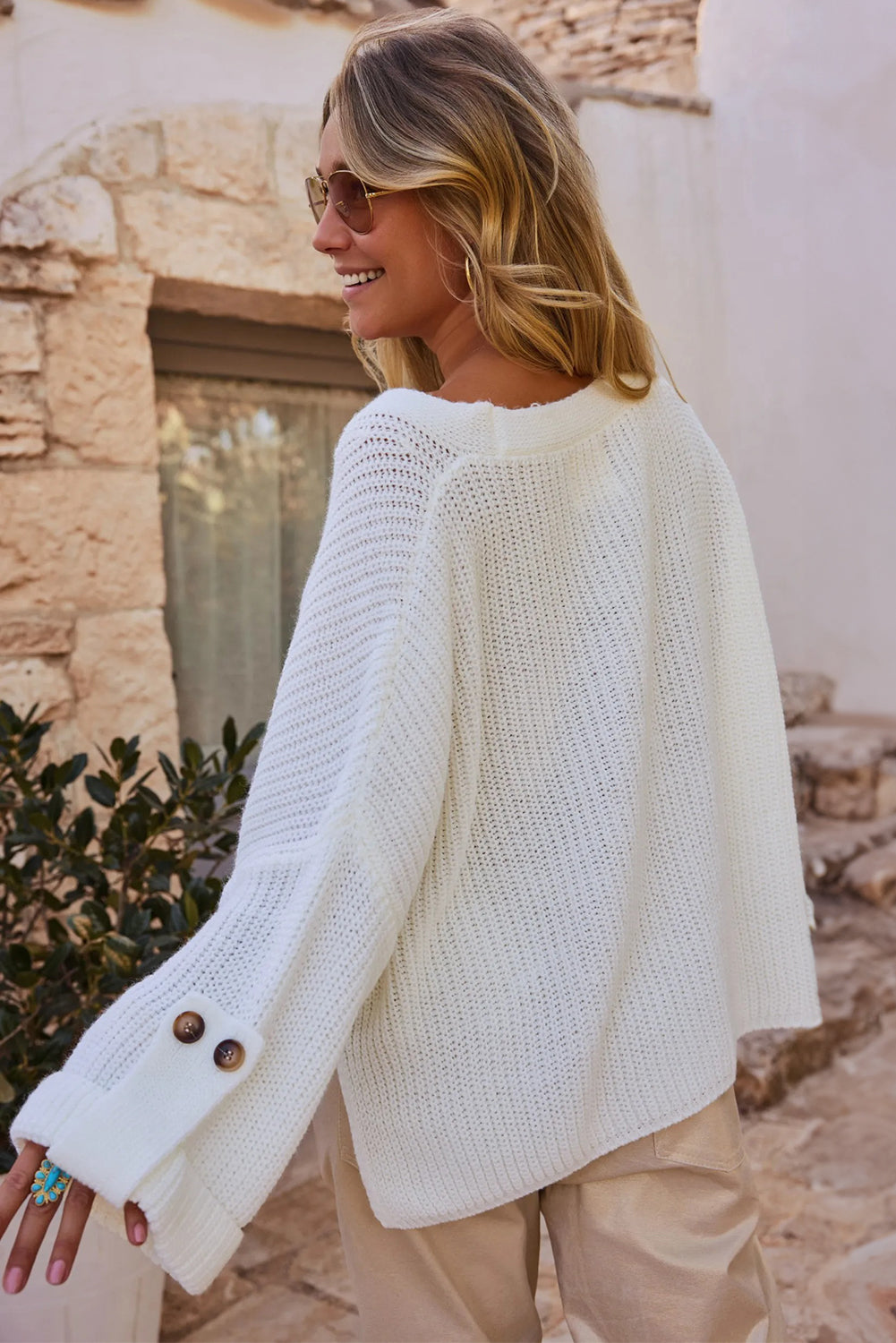 White Double Patch Pocket Button Tab Sleeve V Neck Oversize Sweater Cardigan