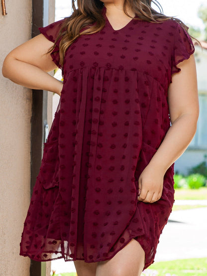 Swiss Dot Burgundy Plus Size V-Neck Mini Dress with Ruffled Sleeves