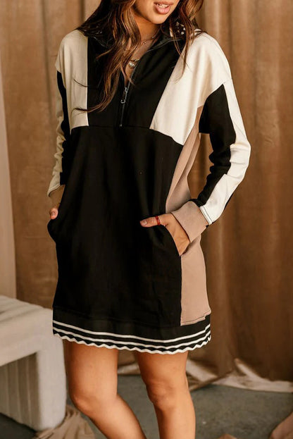 Black Color Block Quarter Zip Long Sleeve T Shirt Mini Dress
