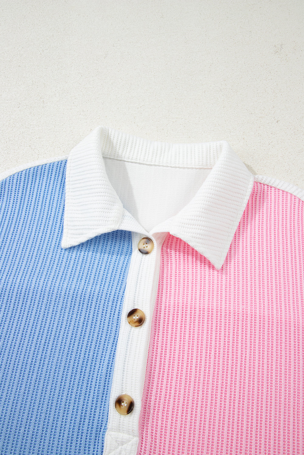 Multicolour Color Block Patchwork Waffle Knit Collar Button Neck Long Sleeve Top