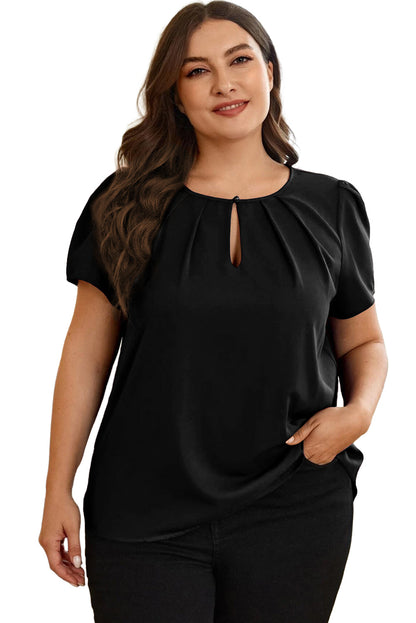 Chic Black Keyhole Pleated Plus Size T-Shirt