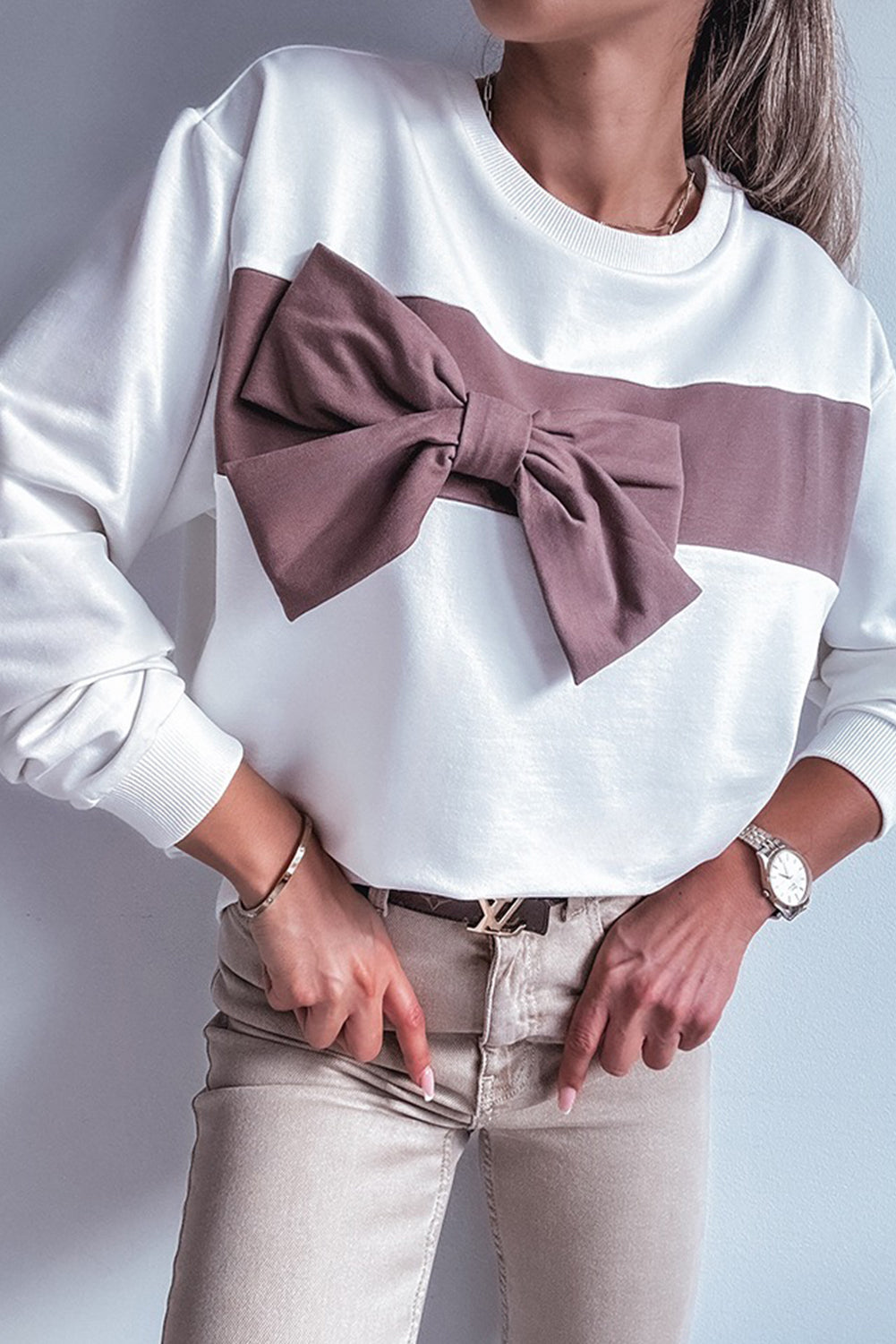 White Color Block Ribbon Bow Patchwork Crew Neck Sweatshirt