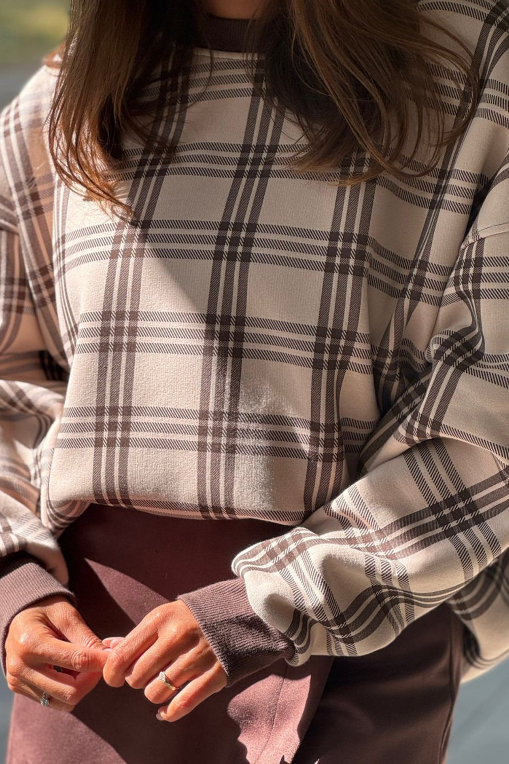 Parchment Plaid Loose Pullover Sweatshirt