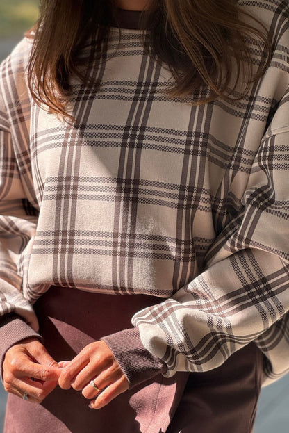 Parchment Plaid Loose Pullover Sweatshirt