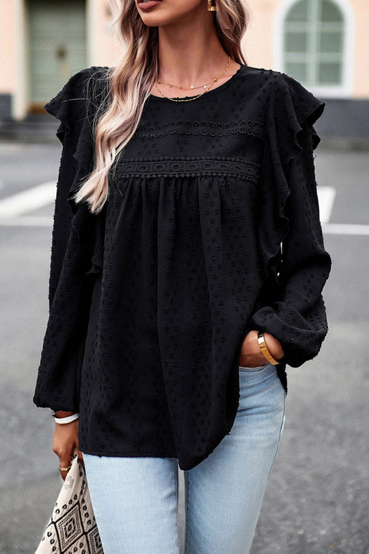 Elegant Black Lace Eyelet Ruffle Sleeve Blouse for Fall