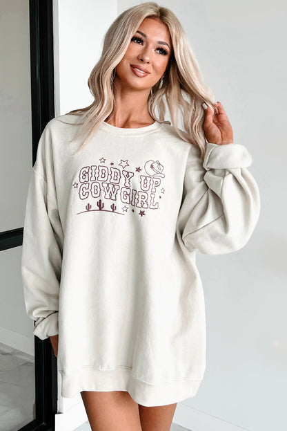 White GIDDY UP COWGIRL Embroidered Graphic Oversize Sweatshirt
