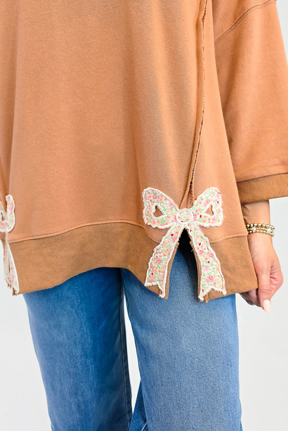 Grapefruit Orange Floral Bow Patched Slit Exposed Seam Patchwork Baggy Sweatshirt