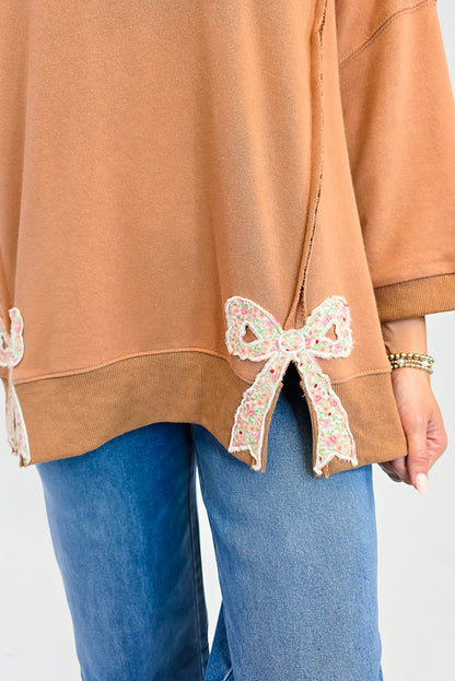 Grapefruit Orange Floral Bow Patched Slit Exposed Seam Patchwork Baggy Sweatshirt