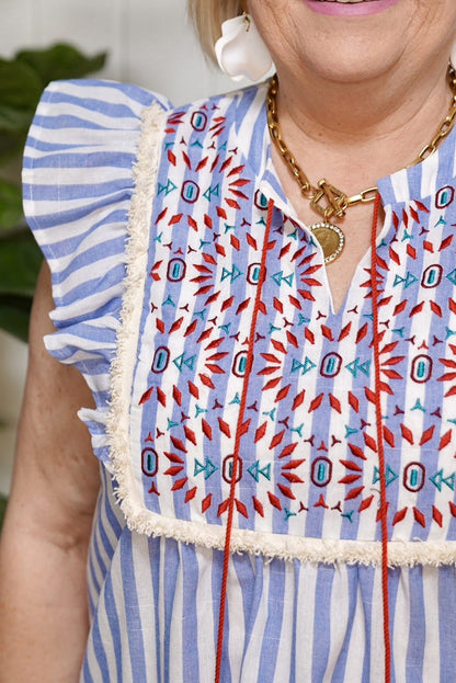 Sky Blue Embroidered Tassel Detail Striped Ruffle Sleeve Plus Blouse