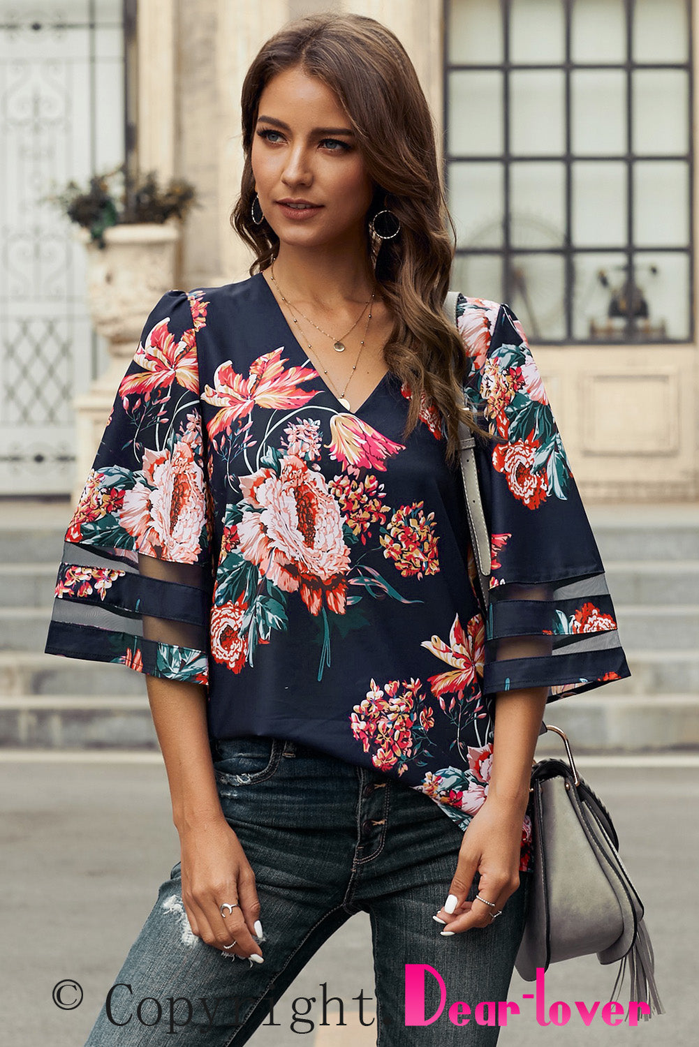 Fiery Red Floral Blouse with Sheer Patchwork Sleeve