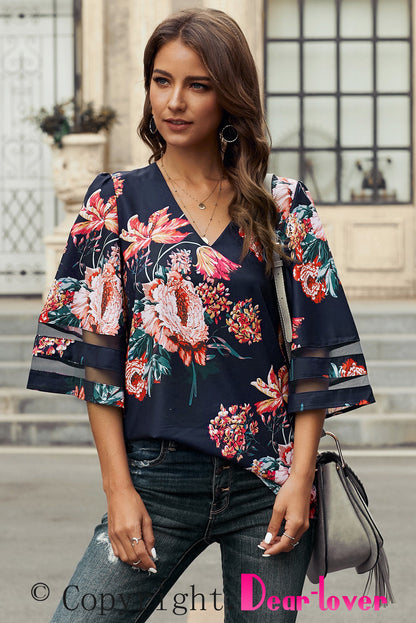 Fiery Red Floral Blouse with Sheer Patchwork Sleeve
