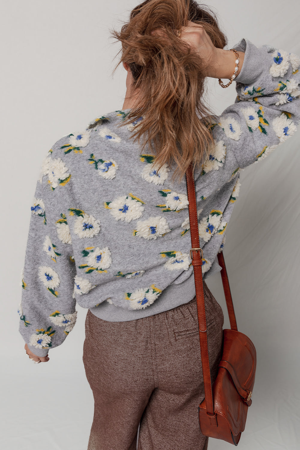 Sleet Plush Flower Pattern Zip Collar Loose Pullover Sweatshirt