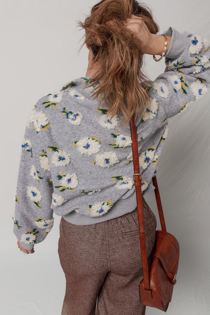 Sleet Plush Flower Pattern Zip Collar Loose Pullover Sweatshirt