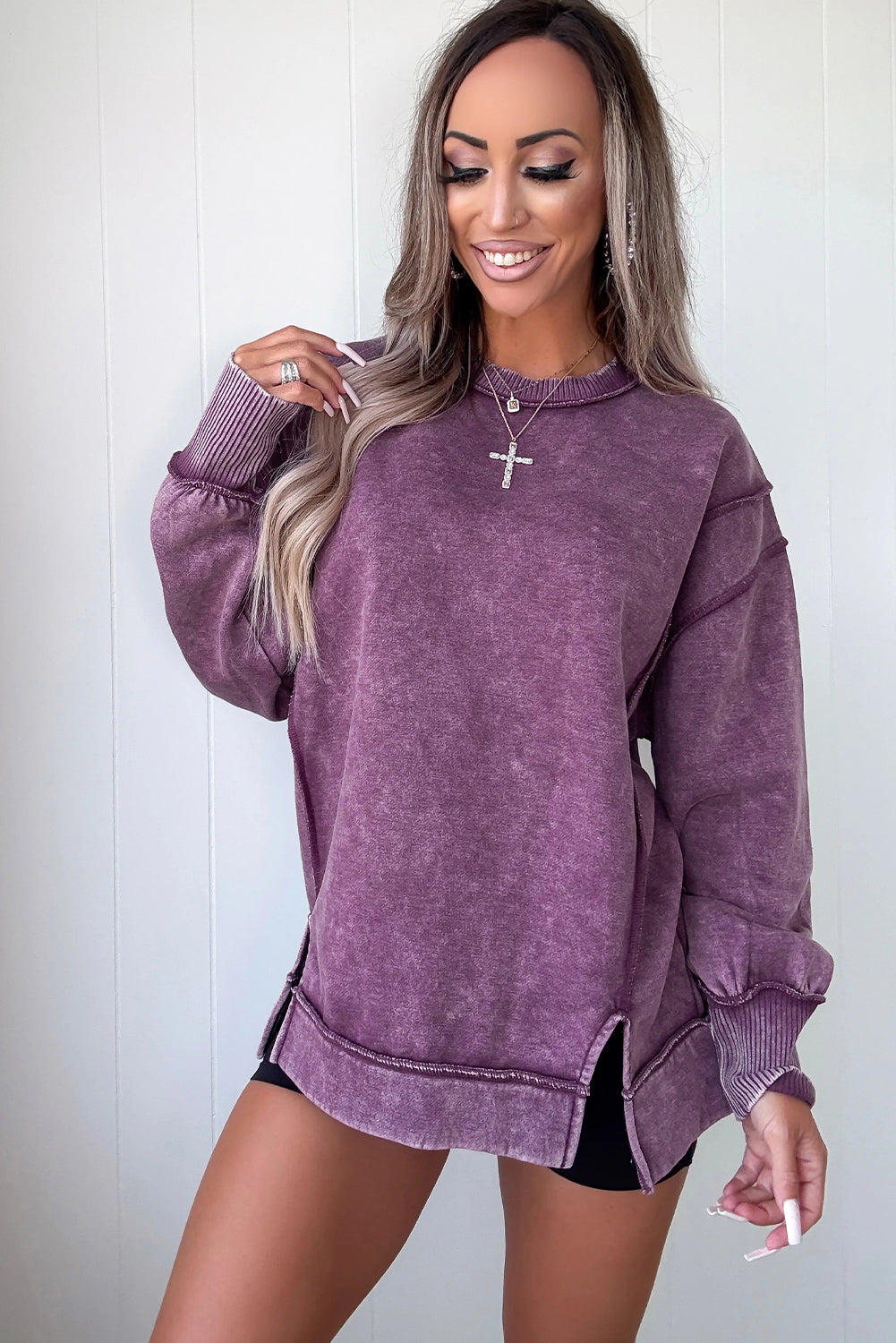 Valerian Mineral Wash Exposed Seam Detail Split Pullover Sweatshirt