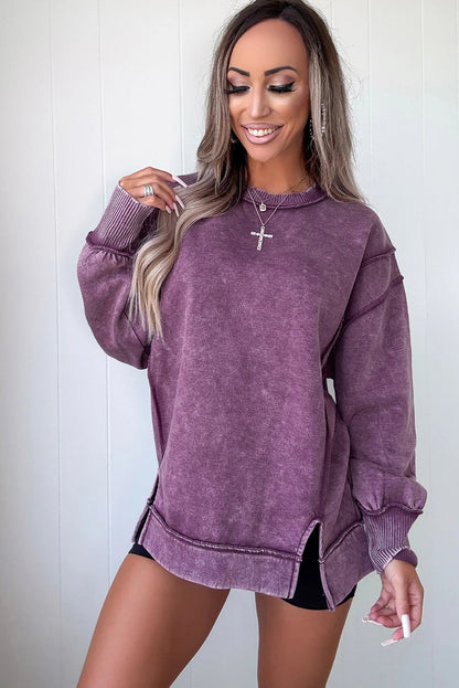 Valerian Mineral Wash Exposed Seam Detail Split Pullover Sweatshirt