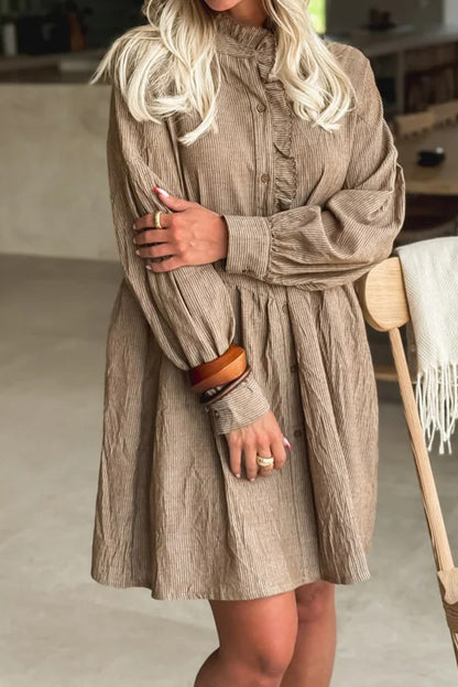 Khaki Stripe Frilled Trim Button Front Long Sleeve Mini Shirt Dress