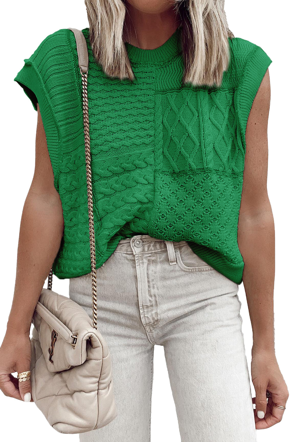 Bright Green Cable Knit Dolman Armholes Sweater Tank
