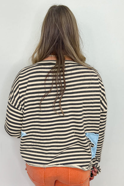 Black Stripe Starry Patch Drop Shoulder Raw Edge Casual Knit Top